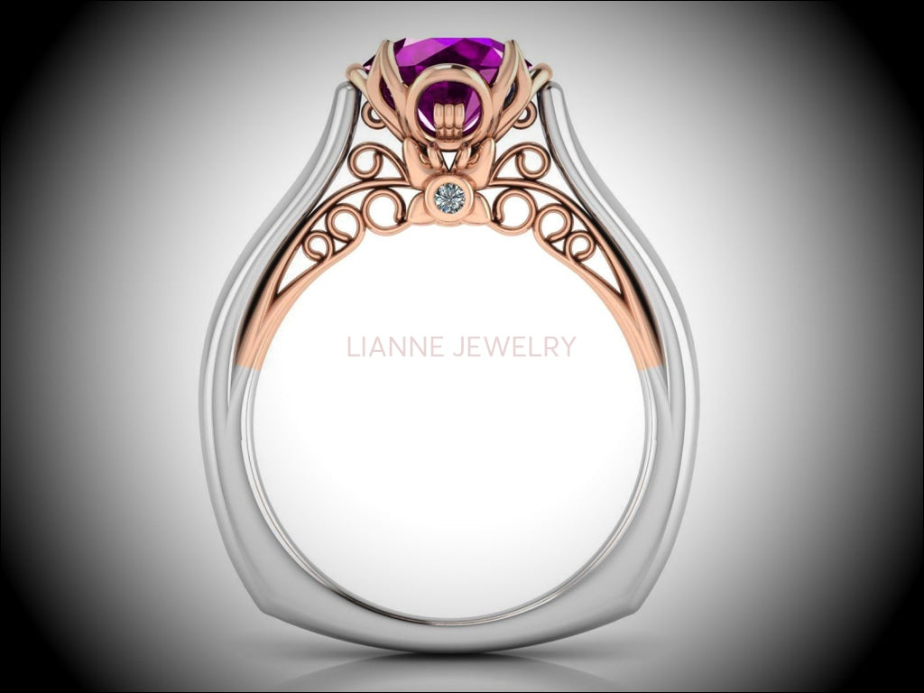 2 Tone Amethyst Engagement Ring Milgrain Solitaire Ring 18K Solid Gold Contour Filigree Vintage Style - Lianne Jewelry