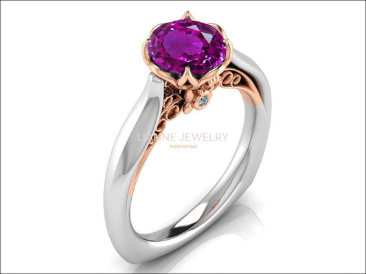 2 Tone Amethyst Engagement Ring Milgrain Solitaire Ring 18K Solid Gold Contour Filigree Vintage Style - Lianne Jewelry