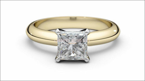 2 Tone Solitaire Engagement Ring with Princess cut Simulated Diamond made in 14K or 18K white and Yellow gold - Lianne Jewelry