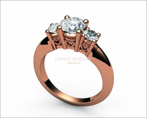 Rose Gold 3 stone Engagement Ring Heart Filigree Milgrain Ring Simulated Diamond Gold Ring - Lianne Jewelry