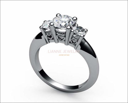 3 stone Engagement Ring Heart Filigree White gold with Simulated Diamonds - Lianne Jewelry