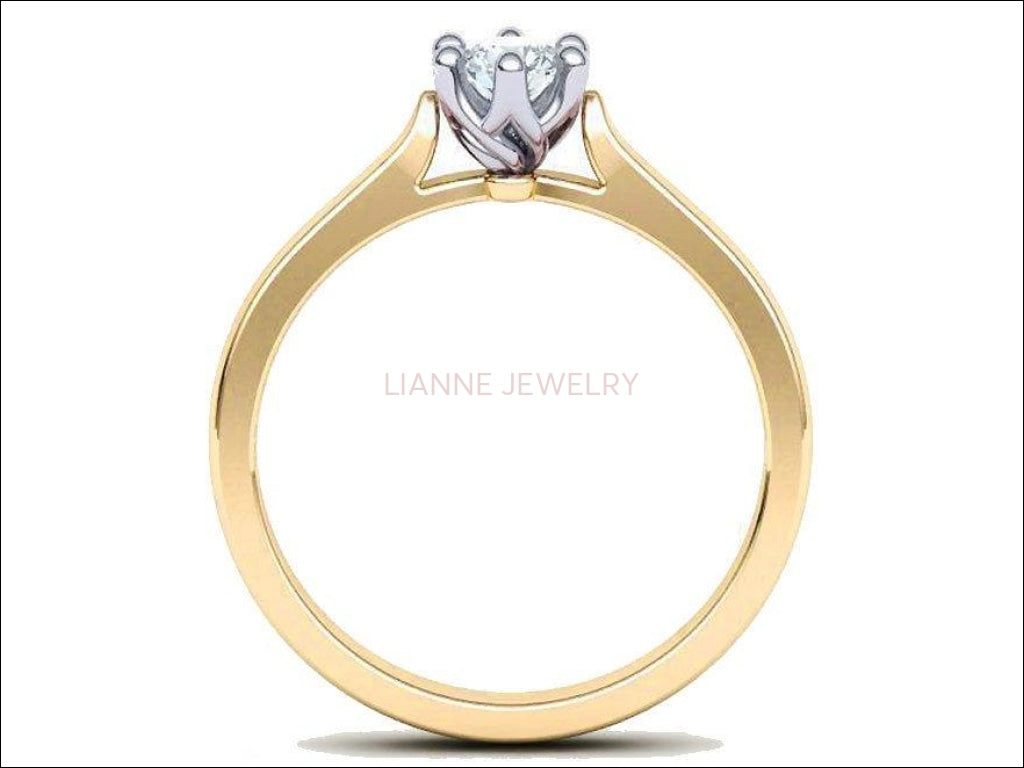 2 Tone Classic Solitaire Engagement Ring, Minimalist Ring, with Simulated Diamond in 14K or 18K Solid White and Yellow Gold - Lianne Jewelry