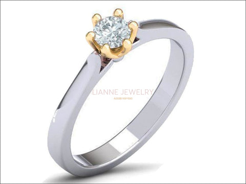 6 Prongs Engagement 2 tone Solitaire Ring, Minimalist Ring, with Simulated Diamond in 14K or 18K Solid White and Yellow Gold - Lianne Jewelry