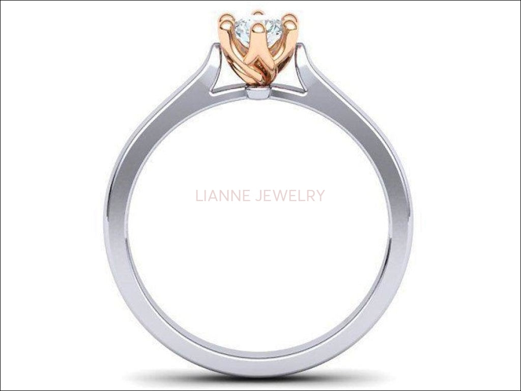 6 Prongs Engagement 2 tone Solitaire Ring, Minimalist Ring, with Simulated Diamond in 14K or 18K Solid White and Yellow Gold - Lianne Jewelry