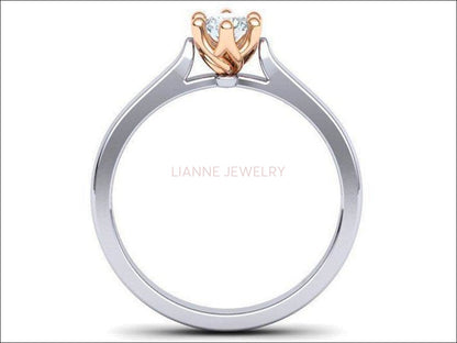 6 Prongs Engagement 2 tone Solitaire Ring, Minimalist Ring, with Simulated Diamond in 14K or 18K Solid White and Yellow Gold - Lianne Jewelry