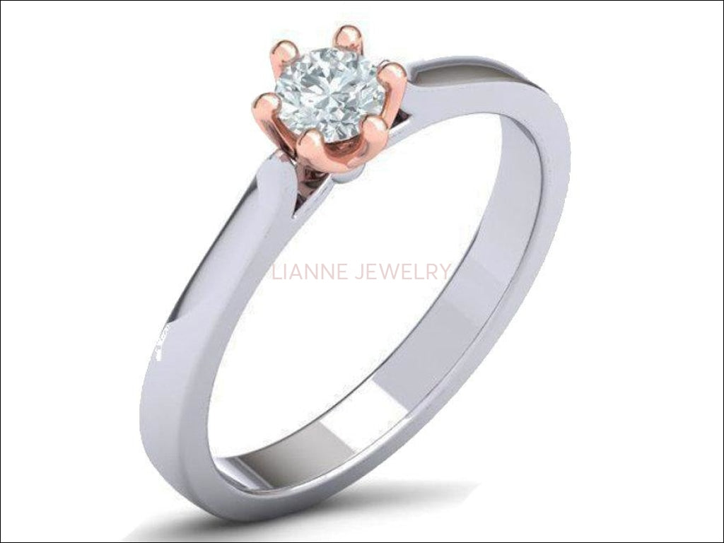 Rose Gold 6 prongs Solitaire Classic Engagement Ring, Minimalist Ring with Simulated Diamond in 2 Tone 14K or 18K Solid White & Yellow Gold - Lianne Jewelry