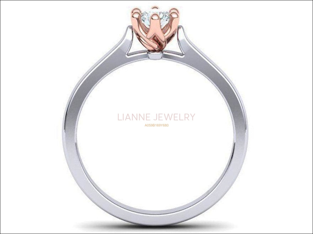 Rose Gold 6 prongs Solitaire Classic Engagement Ring, Minimalist Ring with Simulated Diamond in 2 Tone 14K or 18K Solid White & Yellow Gold - Lianne Jewelry