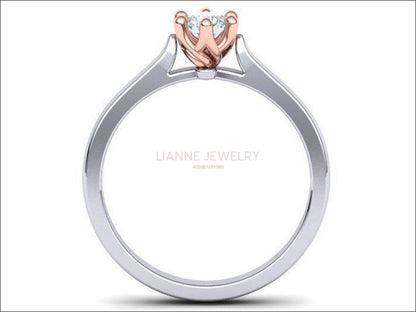 Rose Gold 6 prongs Solitaire Classic Engagement Ring, Minimalist Ring with Simulated Diamond in 2 Tone 14K or 18K Solid White & Yellow Gold - Lianne Jewelry