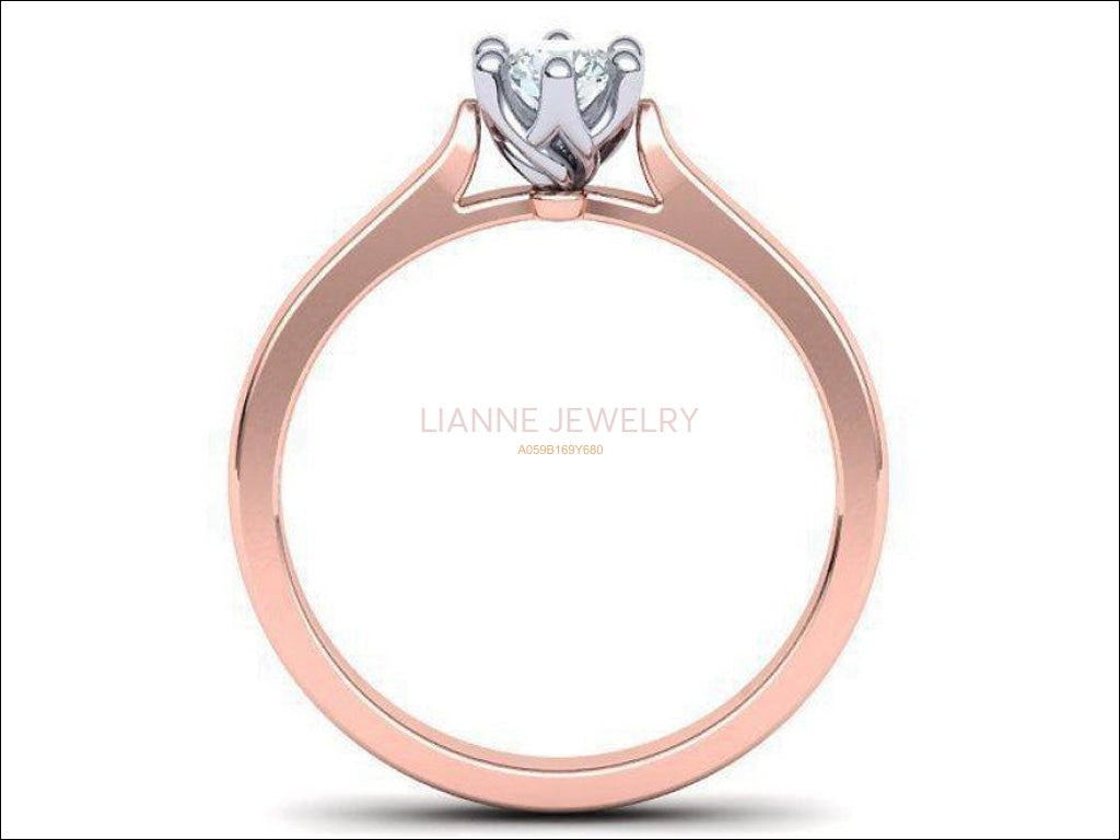 Rose Gold Engagement Ring 2 Tone Classic Solitaire Ring, Minimalist Ring with Simulated Diamond in 14K or 18K Solid White and Yellow Gold - Lianne Jewelry