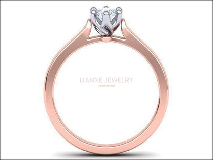 Rose Gold Engagement Ring 2 Tone Classic Solitaire Ring, Minimalist Ring with Simulated Diamond in 14K or 18K Solid White and Yellow Gold - Lianne Jewelry