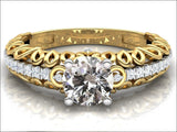 1.3 carat Milgrain Filigree Diamond Gold Ring Wide Shank with Row Diamonds Unique Engagement Milgrain Diamond Engraved Swirl Filigree - Lianne Jewelry