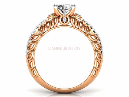 Rose Gold Milgrain Diamond Ring Swirl Filigree 1.3 ct Diamond Gold Ring Wide Shank 1 Row Diamonds Unique Engagement Milgrain Trellis shank - Lianne Jewelry