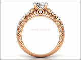 Rose Gold Milgrain Diamond Ring Swirl Filigree 1.3 ct Diamond Gold Ring Wide Shank 1 Row Diamonds Unique Engagement Milgrain Trellis shank - Lianne Jewelry