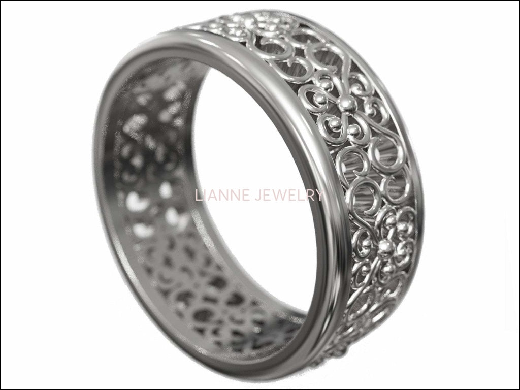 14K White Gold Flower Wedding Band Filigree Band Milgrain Band Engraved Flower Filigree Band Leaf Band Botanical Band Ring Promise Ring - Lianne Jewelry