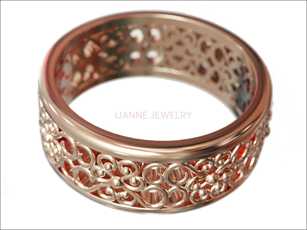 14K Rose Gold Band Flower Wedding Band Filigree Band Milgrain Band Engraved Flower Band Leaf Band Botanical Band - Lianne Jewelry