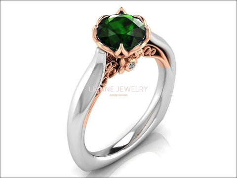 2 Tone Emerald Engagement Ring Milgrain Solitaire Ring 18K Solid Gold Contour Filigree Vintage Style - Lianne Jewelry