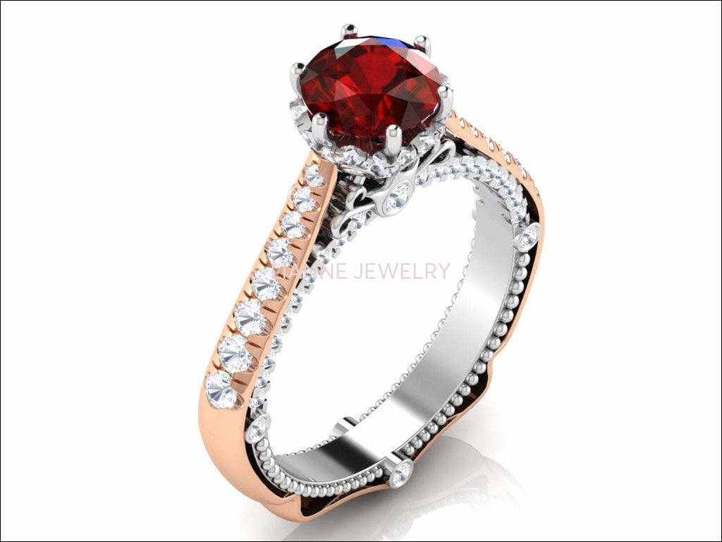 14K Gold 2 Tone Ruby Engagement Ring Milgrain Solitaire Ring 18K Solid Gold Contour Filigree Vintage Style - Lianne Jewelry