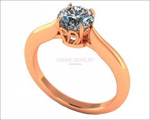 Unique Engagement Ring 1 carat gold Swirl Prongs Trellis Diamond Solitaire Ring 14K Solid Rose Gold - Lianne Jewelry