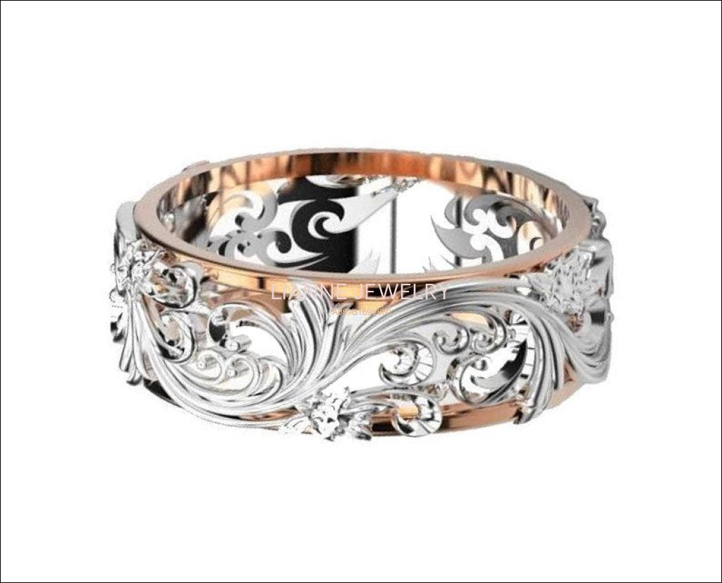 2 Tone Rose Gold White Leaves Wedding Band 18K Gold Milgrain Band Ring Promise Band - Lianne Jewelry