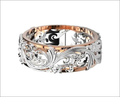 2 Tone Rose Gold White Leaves Wedding Band 18K Gold Milgrain Band Ring Promise Band - Lianne Jewelry