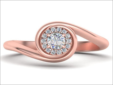 Rose Gold Solitaire Spiral Halo Ring 14K Swirl Shank Unique Engagement Ring Curved Ring Sunflower Ring - Lianne Jewelry