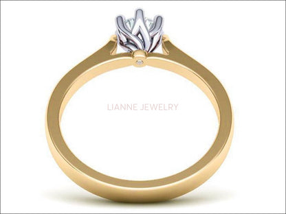 2 Tone Classic Solitaire Engagement Ring, Minimalist Ring, with Simulated Diamond in 14K or 18K Solid White and Yellow Gold - Lianne Jewelry