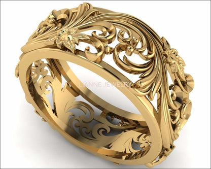 18K Unique Wedding Band Milgrain Band Filigree band Engraved Ring Flower Band Leaf Wedding Band Daughter Gift - Lianne Jewelry