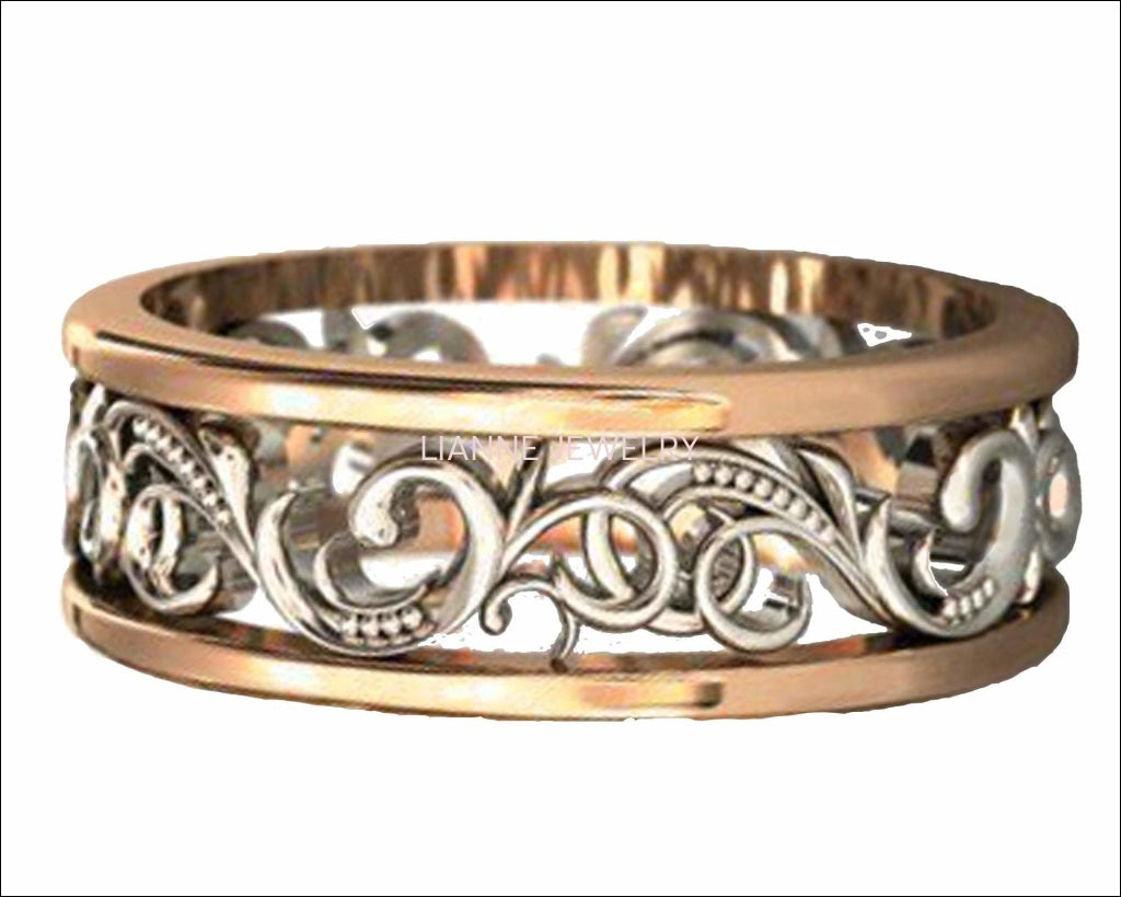 Gold Two Tone Wedding Band Celtic Band Floral Band Ornament Filigree Band Edwardian Ring - Lianne Jewelry
