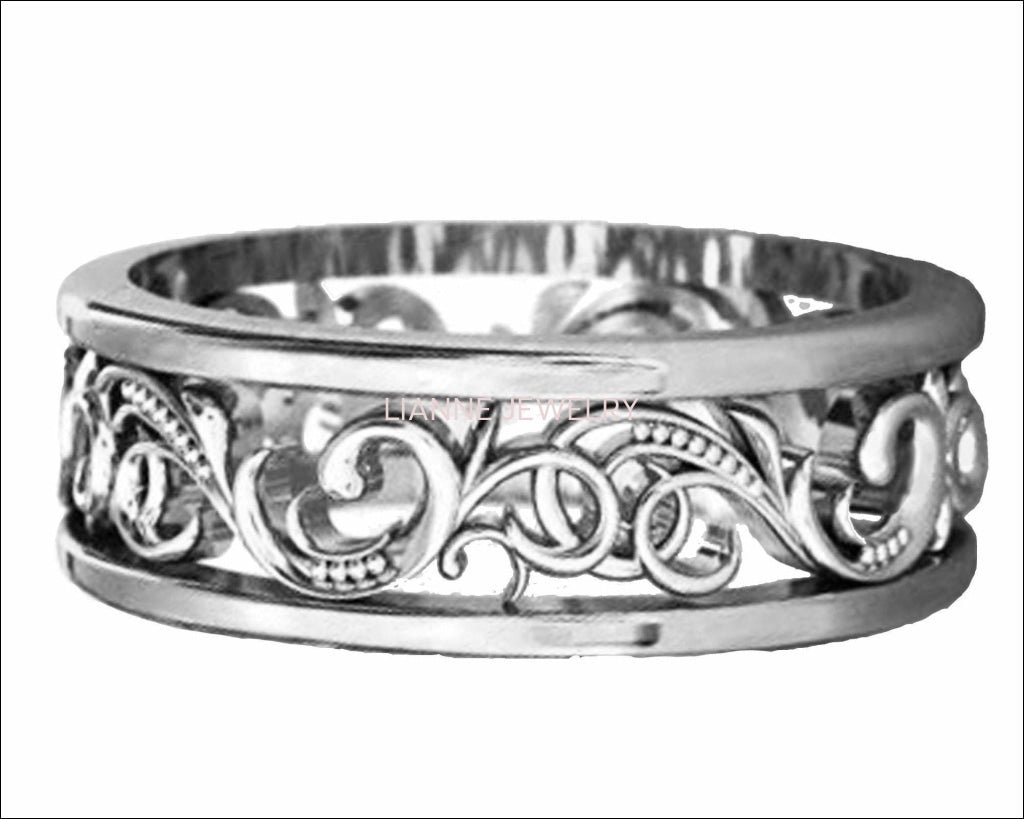 Gold Two Tone Wedding Band Celtic Band Floral Band Ornament Filigree Band Edwardian Ring - Lianne Jewelry