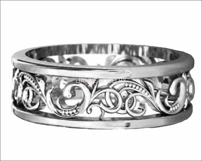 Gold Two Tone Wedding Band Celtic Band Floral Band Ornament Filigree Band Edwardian Ring - Lianne Jewelry