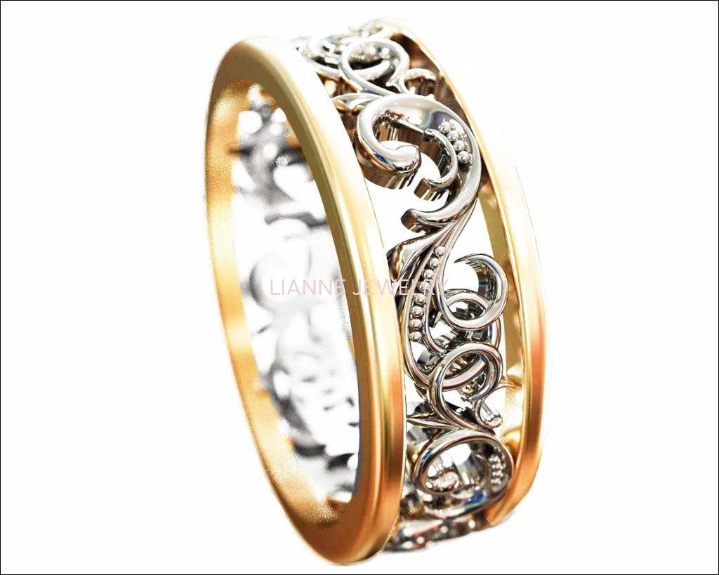 Gold Two Tone Wedding Band Celtic Band Floral Band Ornament Filigree Band Edwardian Ring - Lianne Jewelry