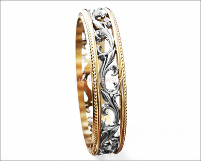 2 Tone Rose gold Floral Band Wedding band Celtic Band Botanical Band Ornament Filigree Band - Lianne Jewelry