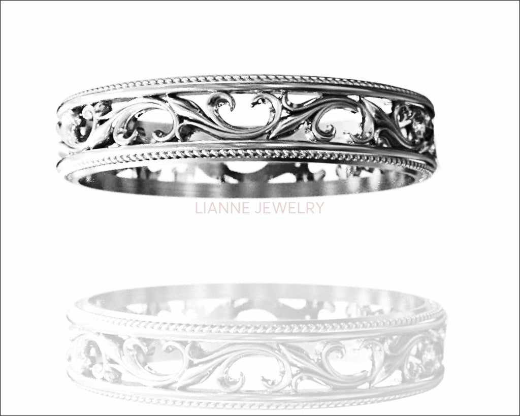 2 Tone Rose gold Floral Band Wedding band Celtic Band Botanical Band Ornament Filigree Band - Lianne Jewelry