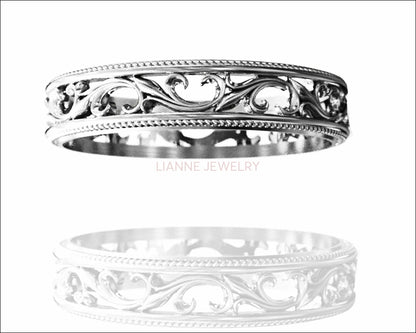 2 Tone Rose gold Floral Band Wedding band Celtic Band Botanical Band Ornament Filigree Band - Lianne Jewelry