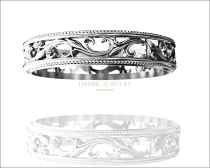 14K White gold Botanical Band Ring Celtic Band Wedding Band Floral Band Edwardian Ring Ornament Filigree Band - Lianne Jewelry