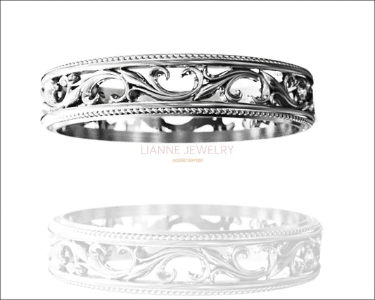 14K White gold Botanical Band Ring Celtic Band Wedding Band Floral Band Edwardian Ring Ornament Filigree Band - Lianne Jewelry
