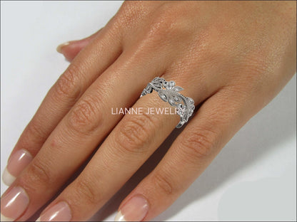 Wide Leaves Band Filigree Ring 18K White Gold Milgrain Ring Branch Ring Twig Band for the one that you Love so much - Lianne Jewelry