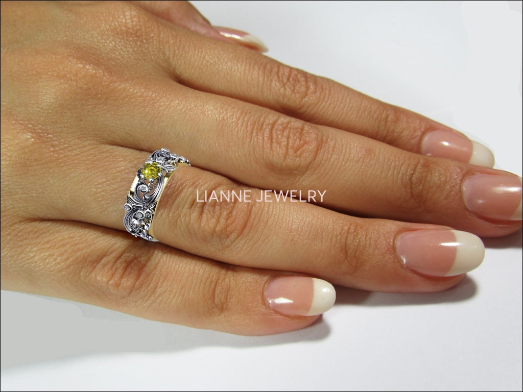 Yellow Sapphire Wedding Flower Band 18K Gold Leaves with Accent Diamonds Floral Band Jewelry - Lianne Jewelry