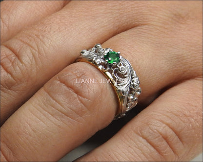 Emerald Ring Flower band Leaf Ring Wedding Band White Gold Leaf Wedding Band Engraved Band Ring Green Wedding Band Flower Wedding Band - Lianne Jewelry