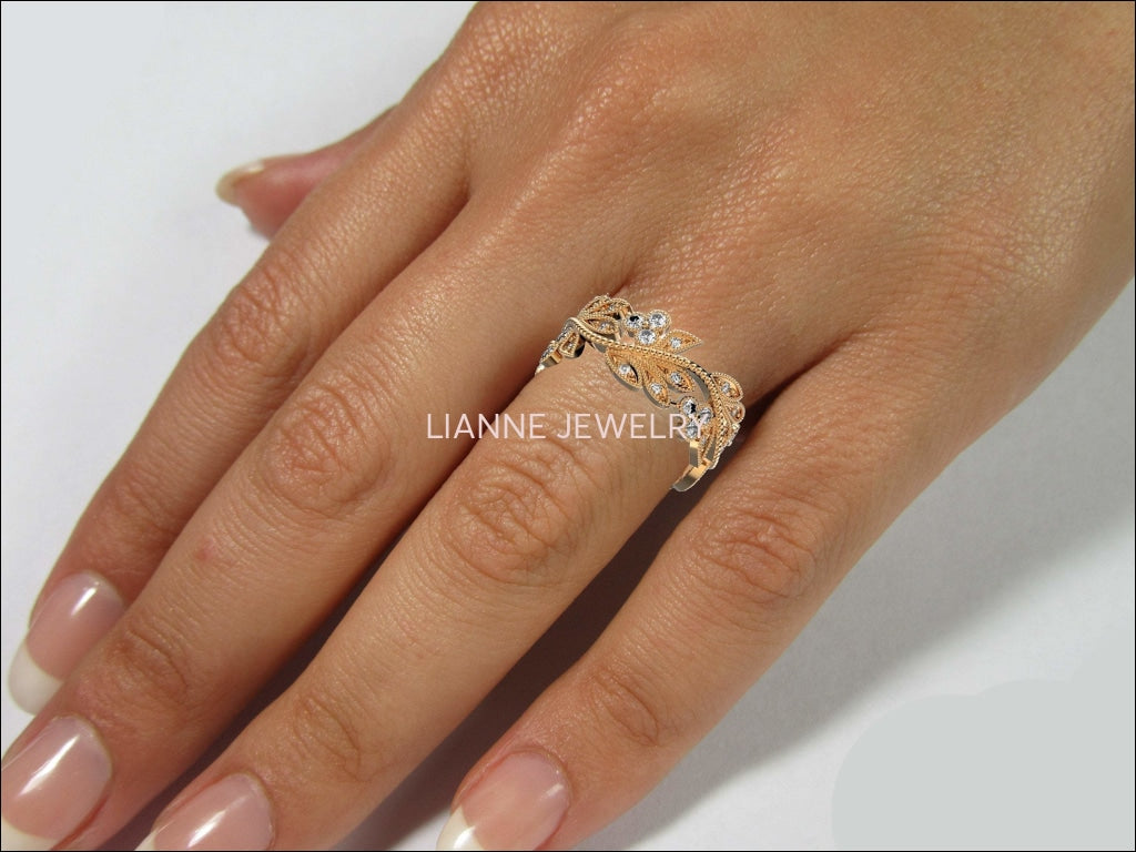 18K Rose Wedding Band, Leaves Band, Botanical Filigree Ring Branch Ring For the One You Love - Lianne Jewelry