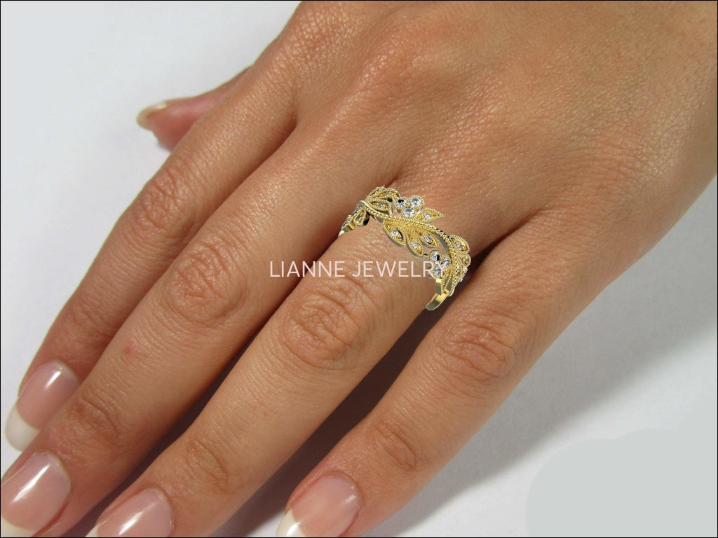 18K Rose Wedding Band, Leaves Band, Botanical Filigree Ring Branch Ring For the One You Love - Lianne Jewelry