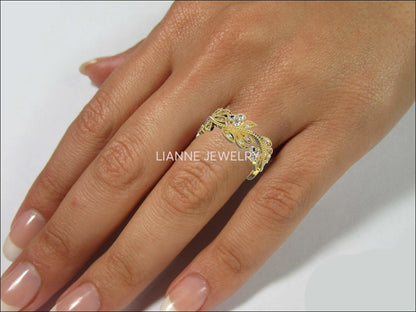 18K Rose Wedding Band, Leaves Band, Botanical Filigree Ring Branch Ring For the One You Love - Lianne Jewelry