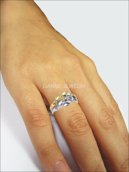 14K Ring Set 2 Tone Gold Leaves Wedding Bridal Set White Gold Engagement Wedding Set Matching Band in Yellow Gold - Lianne Jewelry