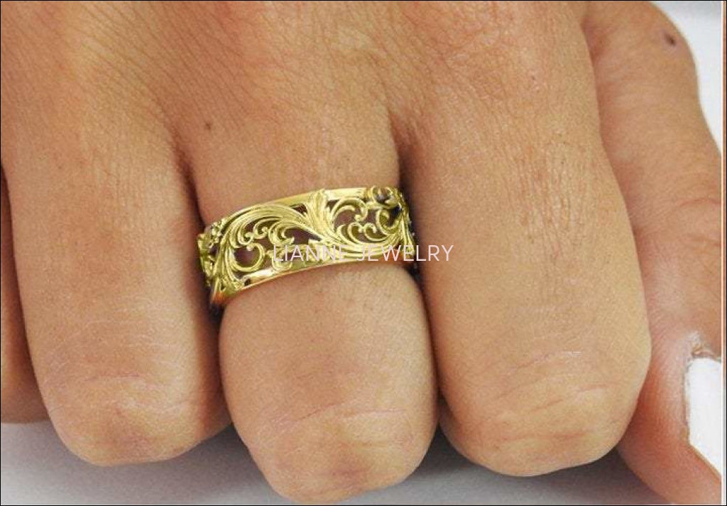 18K Unique Wedding Band Milgrain Band Filigree band Engraved Ring Flower Band Leaf Wedding Band Daughter Gift - Lianne Jewelry