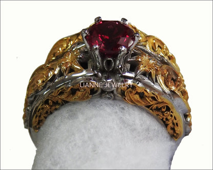 2 Tone Matching Ring Set Filigree Band ring Red Bridal Set Flower Set Ring Milgrain Band Ring Lab Ruby Art Nouveau unique wedding band - Lianne Jewelry