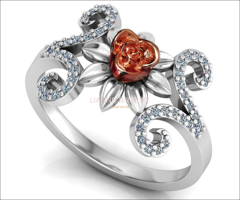 Curved Flower Leaf Ring Two Tone Rose & White Gold - Lianne Jewelry