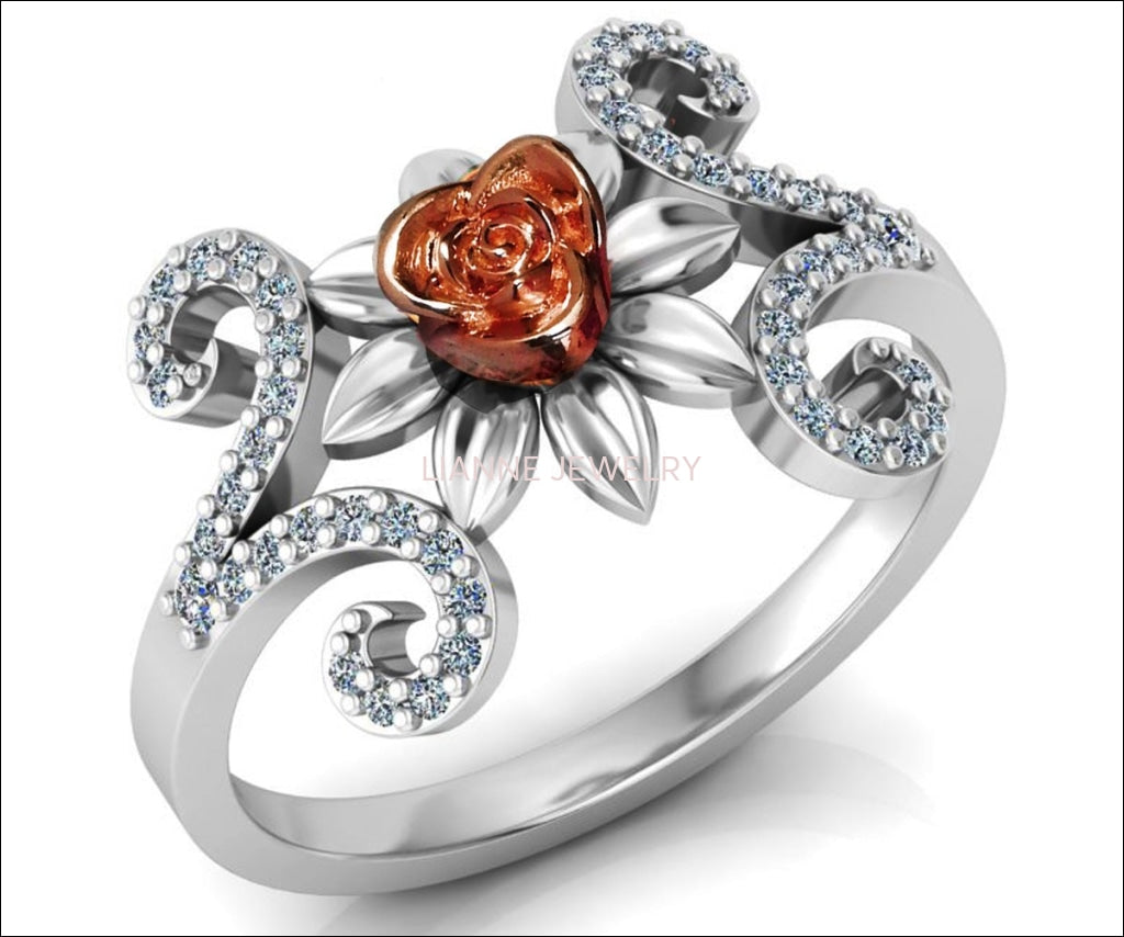 Curved Flower Leaf Ring Two Tone Rose & White Gold - Lianne Jewelry