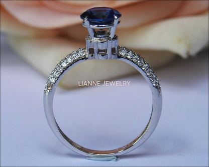 14K White gold Sapphire Engagement Ring, Round Blue Sapphire, Pave Diamonds on the Shank - Lianne Jewelry