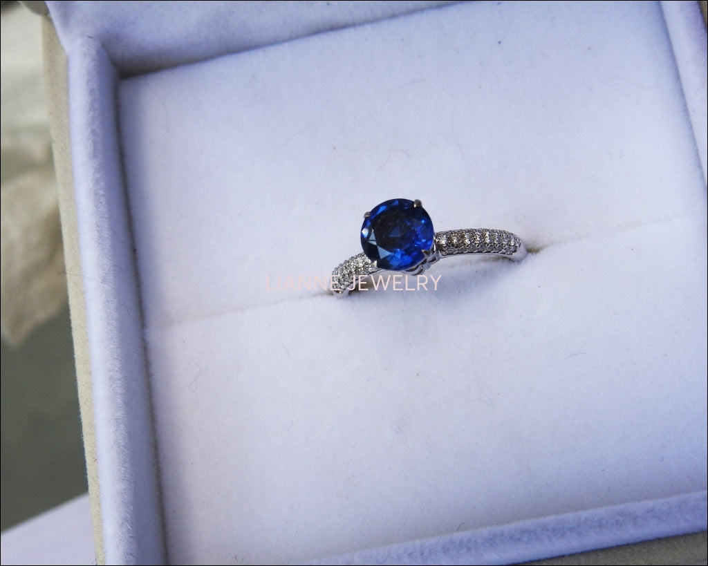 14K White gold Sapphire Engagement Ring, Round Blue Sapphire, Pave Diamonds on the Shank - Lianne Jewelry