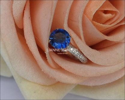 14K White gold Sapphire Engagement Ring, Round Blue Sapphire, Pave Diamonds on the Shank - Lianne Jewelry